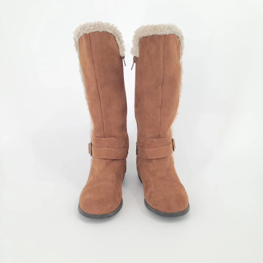 Thereabouts Faux Suede Tall Boots Kids 2 Brown Sherpa Trim Buckle Detail
